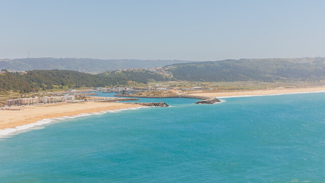 Aerial view of the city of Nazare, Portugal and the Praia, Portugal