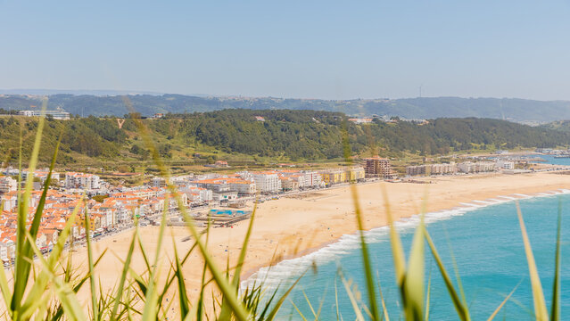 Aerial view of the city of Nazare, Portugal and the Praia, Portugal