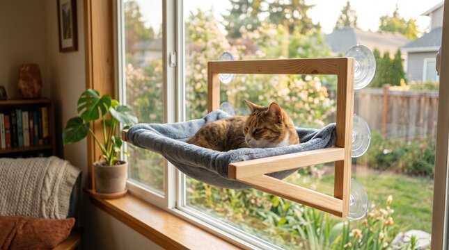 Wooden Frame Cat Window Hammock with Suction Mount.