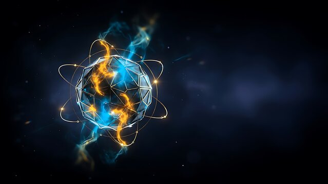Abstract futuristic glowing geometric sphere with orbiting electrons on a dark background representing quantum science and technological innovation