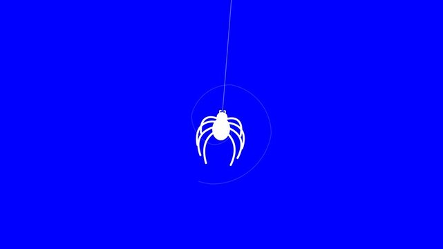 White spider icon hanging from a thin silk thread spinning in a circular motion within this simple digital animation footage