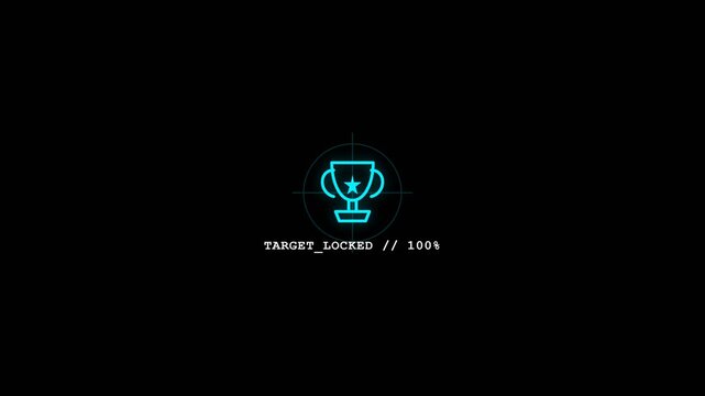Digital trophy icon glowing in blue with crosshair targeting animation for gaming HUD interface elements on a black background video