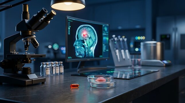 Laboratory setting with microscope petri dish with sample medication capsule on desk computer displaying brain scan science research and medical development in dark blue tones.