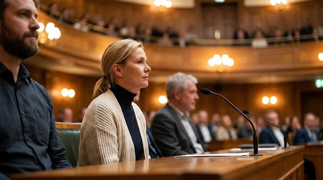 Focused woman wearing white cardigan listening at professional conference in grand wooden chamber with blurred audience and speakers during important public hearing event indoors.