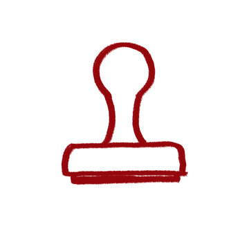 Red crayon sketch of a simple stamp icon on plain white background.
