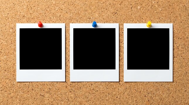 Three empty instant photo frames pinned to corkboard surface with red blue yellow pushpins making space for copy text or images on textured background for collage or memories display.
