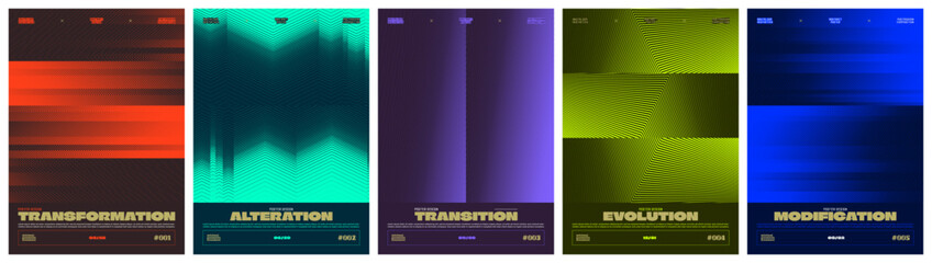 Obraz na płótnie Canvas Abstract geometric vector swiss poster bundle with sharp kinetic stripe forms and unique optical illusion ornament, brutalist halftone pattern with distorted linear gradient transition effect, set 4
