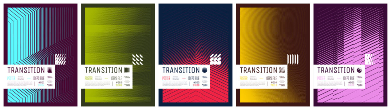 Abstract geometric vector swiss poster bundle with sharp kinetic shift grid and optical illusion ornament, brutalist halftone pattern artwork with distorted linear gradient transition effect, set 3