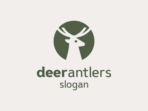 Deer Stag Buck Antlers Horned Head Negative Circle Modern Vector Logo Design Illustration