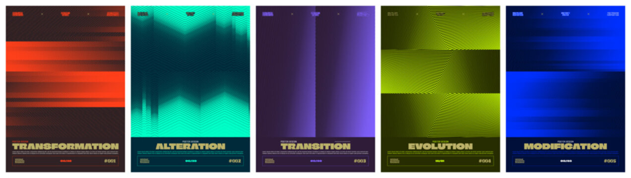 Abstract geometric vector swiss poster bundle with sharp kinetic stripe forms and unique optical illusion ornament, brutalist halftone pattern with distorted linear gradient transition effect, set 4