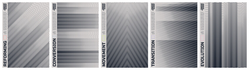 Monochrome technical line grid poster set with kinetic halftone distortion patterns, Minimalist geometric visual transformation and abstract structural evolution artwork with transition effect set 3