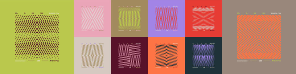 Modern striking mosaic print collection, geometric compositions with an optical transition line shapes, creating a bold brutalist structured halftone tile layout with intricate striped patterns © max_776