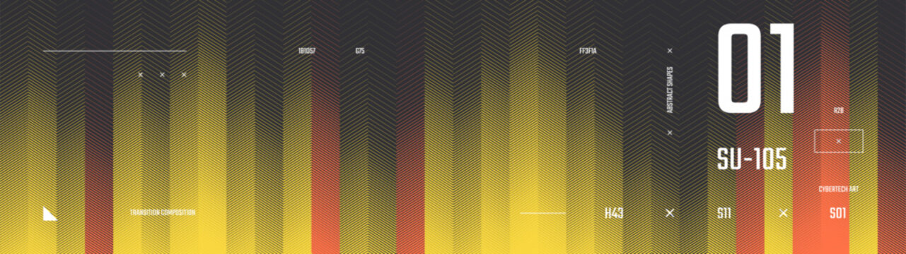 Futuristic sci-fi backdrop showcases a dynamic tech layout with numerical UI data over a chevron striped transition, forming a cyberpunk geometric halftone pattern with dark yellow vertical grids