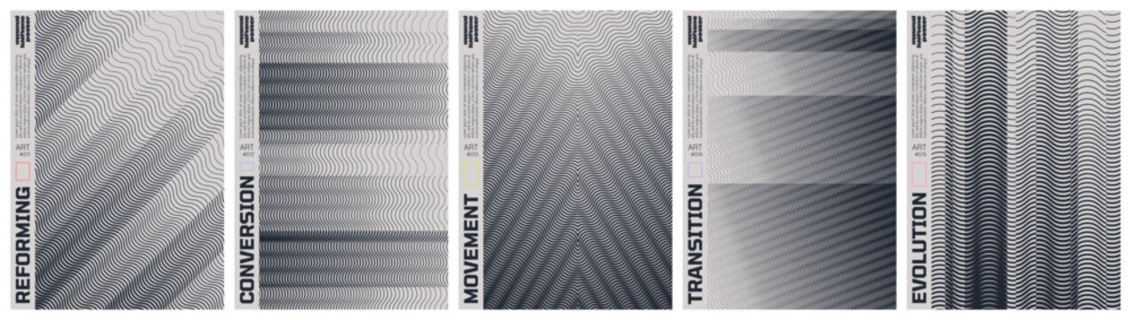 Monochrome technical line grid poster set with kinetic halftone distortion patterns, Minimalist geometric visual transformation and abstract structural evolution artwork with transition effect set 3
