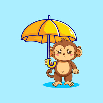Sad Monkey Holding Yellow Umbrella Vector Illustration Kawaii Animal