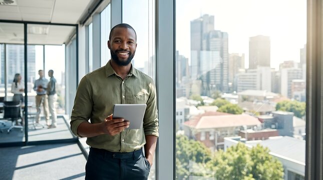 Successful african business man holding mobile tablet standing by glass office wall with city background looking at camera while staff members collaborate in conference room area.