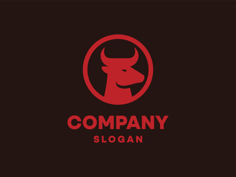 Bull Head Horned Strong Animal Bold Masculine Silhouette in Circle Vector Logo Design Illustration