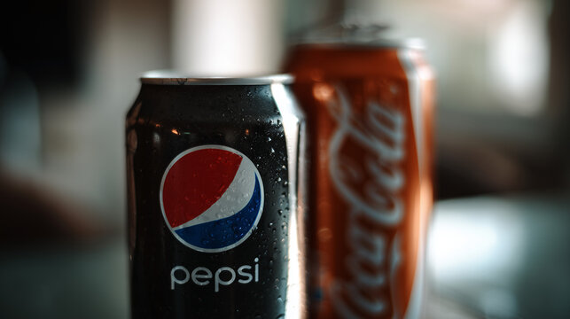 Editorial-Nahaufnahme von Pepsi- und Coca-Cola-Dosen. Symbolbild f&uuml;r Softdrinks, Markenvergleich, Cola-Markt, Getr&auml;nkeindustrie, Konsumverhalten und globale Marken.