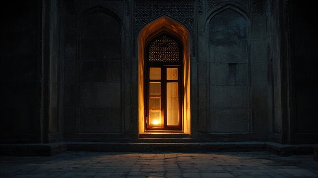 courtyard. Half-open carved wooden window with candlelight inside and moonlight outside. real-estate listings, architecture portfolios, designed for interior renovation comparisons for interiors.