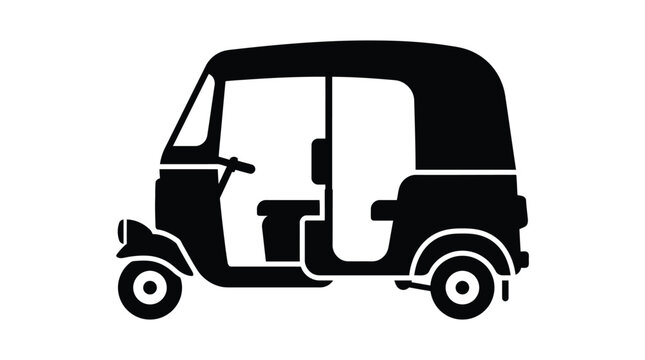 Simple black silhouette graphic of an auto rickshaw isolated on a clean white background surface