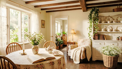 Fototapeta premium a cozy, sun-drenched cottage dining room