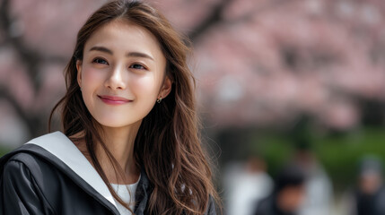Fototapeta premium Cheerful Japanese woman with long brown hair smiling outdoors, cherry blossom background, spring day, natural beauty, casual style