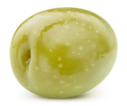 One organic large green olive close up. Fresh green olive isolated on white background with clipping path