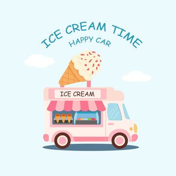 Ice cream truck with cone sign. For summer posters, cards, stickers, menu design. On light blue background.