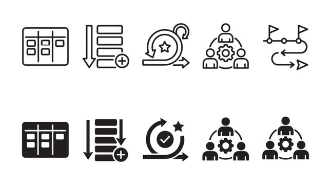 Project management and agile development icon set with milestones planning workflow management strategy business