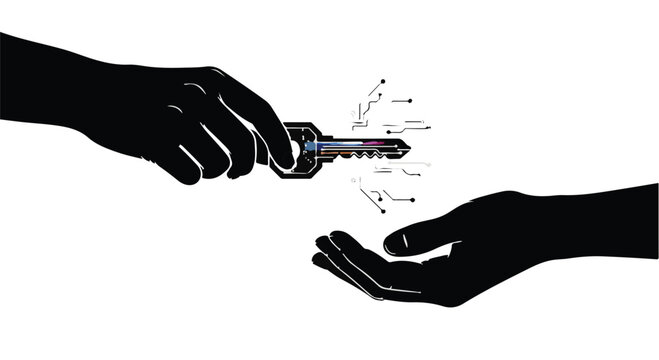 Hands reaching to pass a digital key represent the secure transfer of encrypted data or authentication protocols between entities to facilitate safe access in a modern technological environment.
