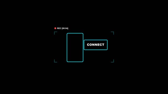 Digital interface screen with recording timer and connect button showing motion graphic elements for modern technology user experience video footage
