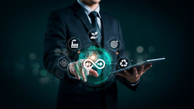 Executive utilizing technology to implement global circular economy and environmental responsibility