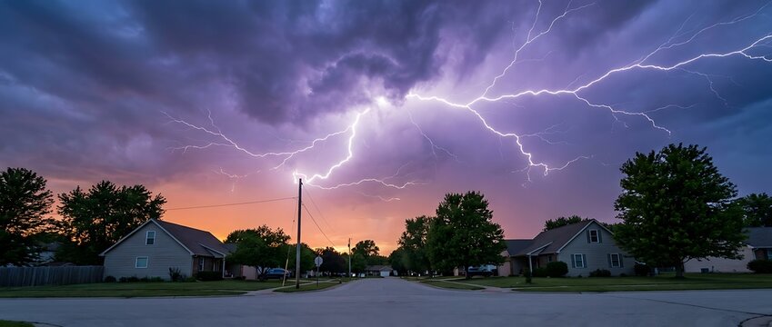 Intense lightning forks split purple and orange stormy sky over residential street with trees and houses at twilight with power lines visible.