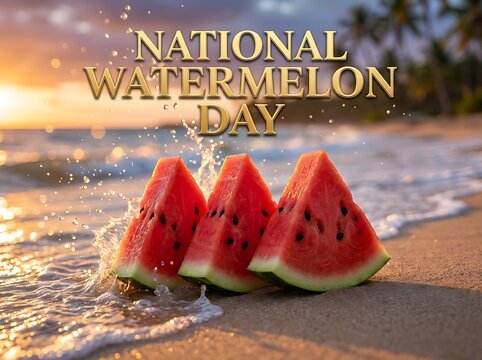 National watermelon day celebration with fresh watermelon slices on a sandy beach at sunset with ocean waves splashing