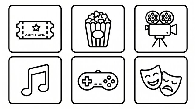 Hand drawn entertainment icons set with music, theater, and comedy symbols. Vector-style line art collection for media, events, and creative projects.