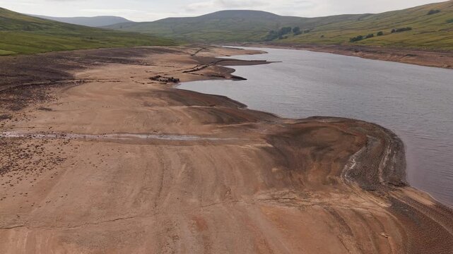Drone footage of drought conditions at Scar House Reservoir near Harrogate in Nidderdale, North Yorkshire, England