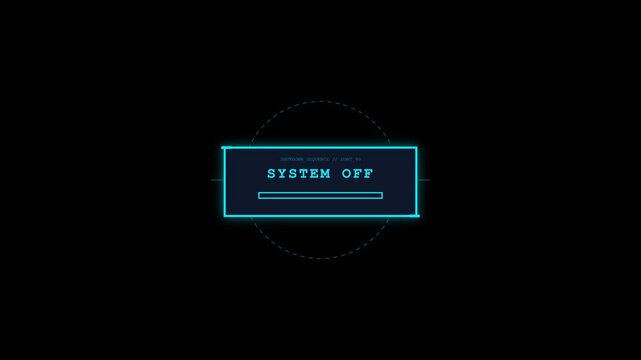System off notification display interface with blue glowing progress bar animation for futuristic computer terminal software shutdown motion video footage