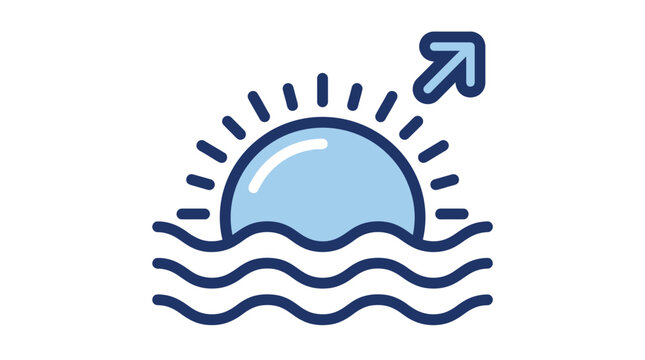 Minimalist blue sun icon rising over wavy ocean water with a simple diagonal arrow symbol