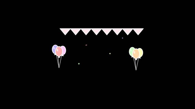 Pastel balloons and white bunting flags floating in a minimalist celebration animation loop against a deep solid black background