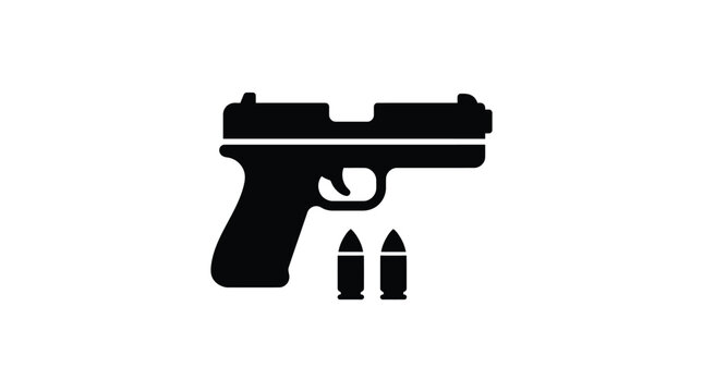 A simple black silhouette icon of a modern handgun with two bullets on white background
