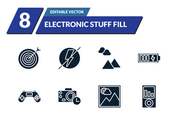 filled electronic stuff fill icons set - objective, flash off, landscape photo, charging battery. editable vector for web and mobile ui © IconArt