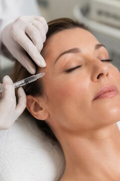 Close up temple injection procedure for facial rejuvenation and wrinkle reduction in aesthetic clinic