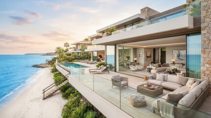 Fototapeta premium Modern beachfront villa with glass terrace and ocean view