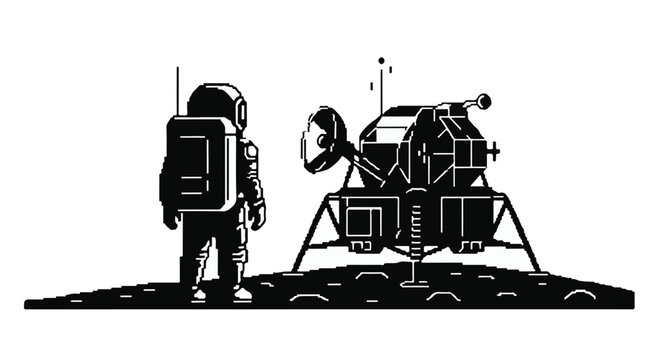 Astronaut stands beside a lunar landing craft on the cratered surface of the moon, capturing the pioneering spirit of space exploration and scientific discovery in a stark high contrast style.