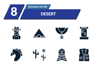 filled desert icons set - cowgirl, tepee, horse saddle, tower. editable vector for web and mobile ui © IconArt