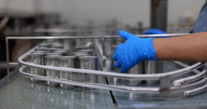 Close-up, automated conveyor rail machine with sardine fish in tomato sauce, filling in can, prepared for instant food production industry, sterile hygiene warehouse, manufacturing factory process. 
