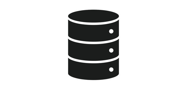Minimalist black database icon featuring a cylindrical storage server symbol for modern digital information technology