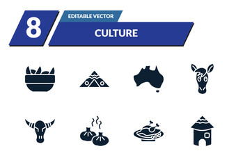 filled culture icons set - sweet and sour pork, native american wigwam, australian continent, horse head. editable vector for web and mobile ui © IconArt
