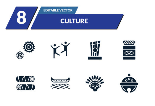 filled culture icons set - ajotomate, capoeira brazil dancers, kankles, vegemite. editable vector for web and mobile ui