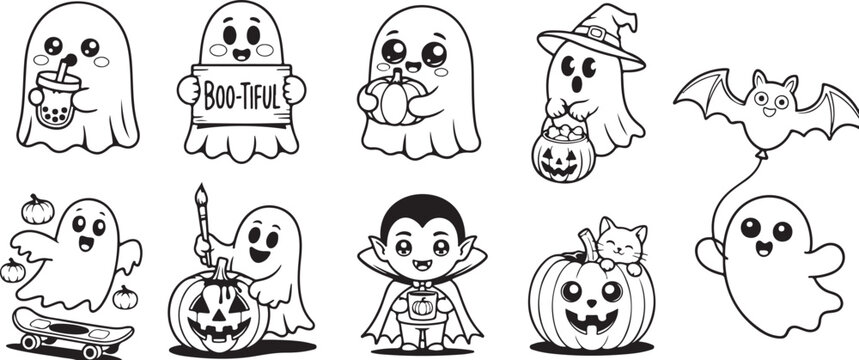 Set of ten cute chibi style halloween characters including ghosts, a vampire, a bat, and pumpkins for festive holiday sticker collections